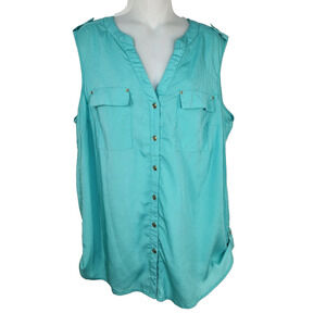 Pat Rego Womens Top Size 1XMT Teal Button Up Sleeveless V Neck Epaulets Pockets